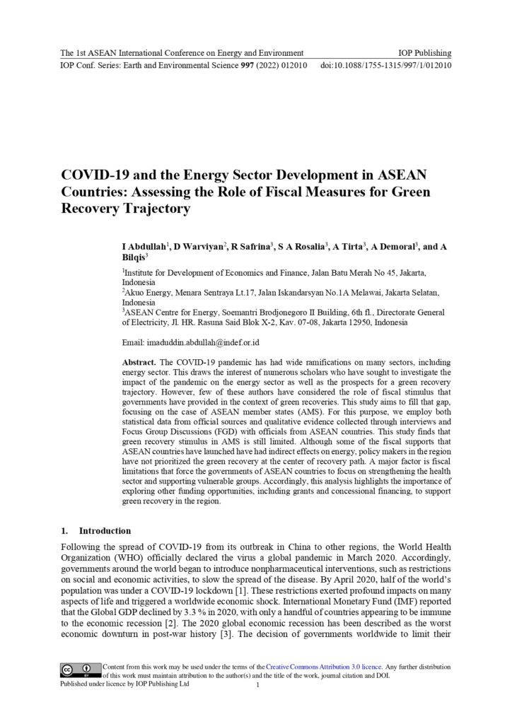 COVID-19 and the Energy Sector Development in ASEAN Countries Assessing the Role of Fiscal Measures for Green Recovery Trajectory