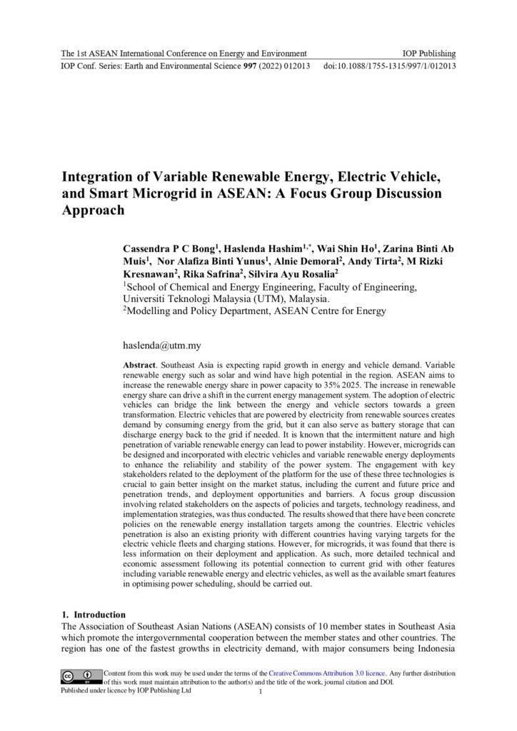 Integration of Variable Renewable Energy, Electric Vehicle, and Smart Microgrid in ASEAN A Focus Group Discussion Approach