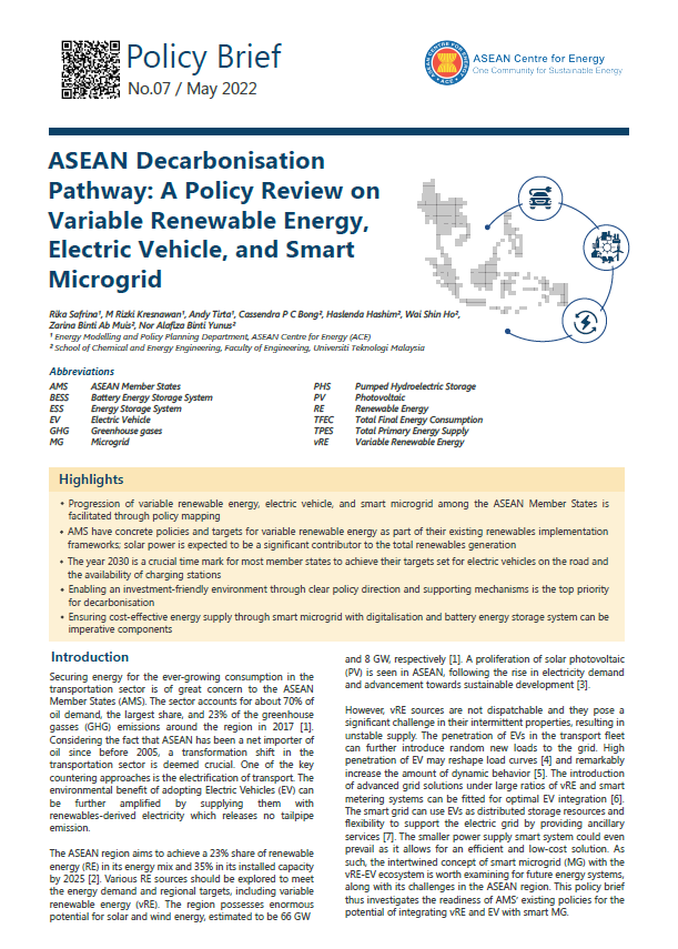 Policy Brief_ASEAN Decarbonisation Pathway: A Policy Review on Variable Renewable Energy, Electric Vehicle, and Smart Microgrid
