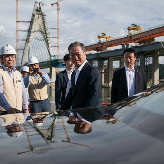 President of the Republic of Korea Moon Jae-in (C) arrives at the Temburong Bridge construction site in Kota Batu on March 11, 2019. Korean firm Daelim Industrial is one of the main contractors for the $1.4 billion bridge. Photo: Rudolf Portillo